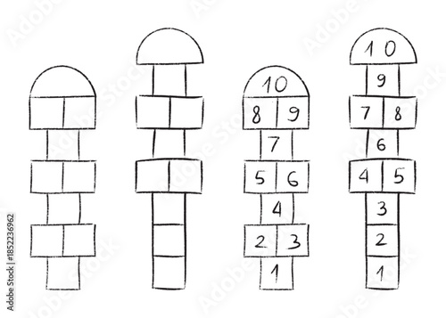 Chalk drawn hopscotch - classic playground activity on asphalt. Children jumping and playing outdoor street recreation. Vector of joyful schoolyard exercise, childhood leisure and active fun.