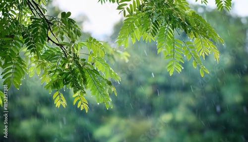 Tetesan Hujan Yang Jatuh Dari Cabang Pohon Menciptakan Lingkungan Hijau Alami Yang Damai Selama Musim Hujan