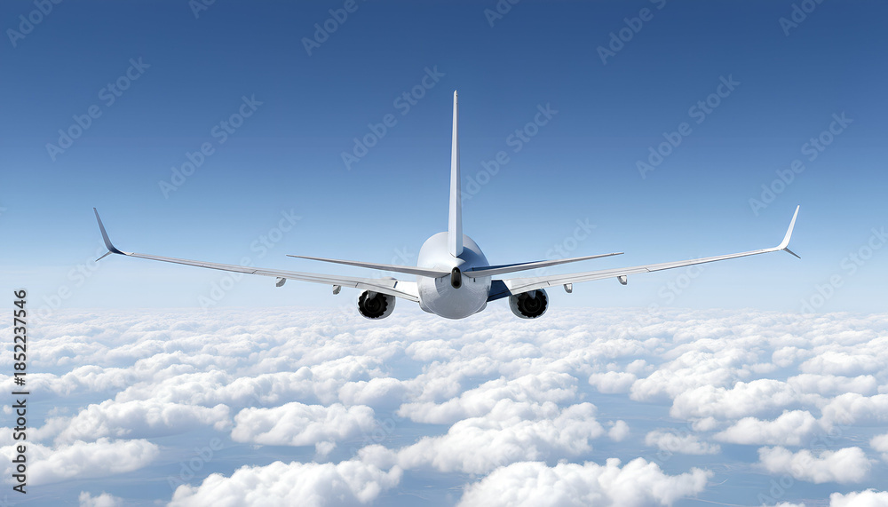 Obraz premium White Airplane Boeing 737 Max Modern Passenger Jet Plane Flying Above White Clouds and Blue Sky Rear Back View Angle