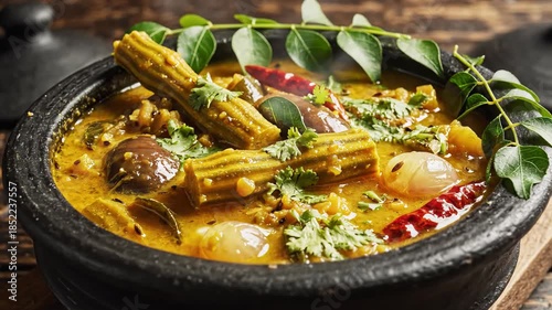 Rich yellow curry stew in a dark pot with vegetables and herbs.