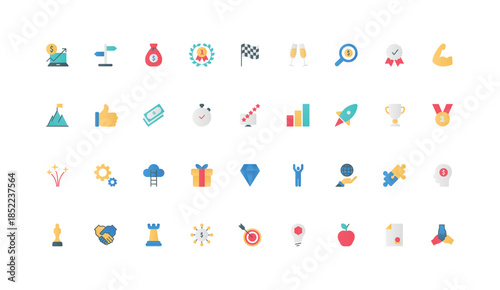 Success goal achievement, award and first place cup, business competition, leadership color icon set. Career development of leader, flag on mountain, job rank flat elements vector illustration