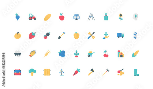 Organic farm harvest of wheat and vegetable, fruits, farmers work equipment and barn color icon set. Fresh food production for local market, tractor, agriculture flat elements vector illustration