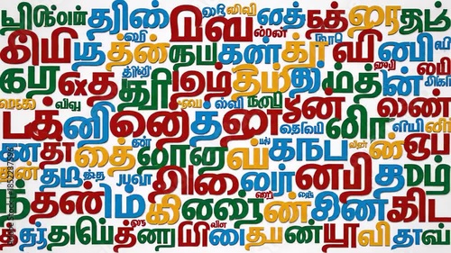 Colorful Tamil Word Collage Artwork Featuring Multicolored Typography and Script Elements.