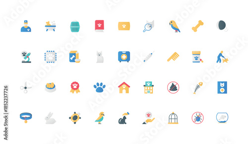 Veterinary clinic for pet health care, grooming and vaccine syringe, animal paw color icon set. Vet kit supplies, bone and doghouse cage, bowl to feed cat and dog flat elements vector illustration