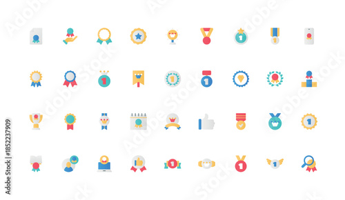 Winners award, prize for first place and best achievement, high quality color icon set. Gold cup and laurel wreath, seal with ribbon and honor crown, certificate flat elements vector illustration