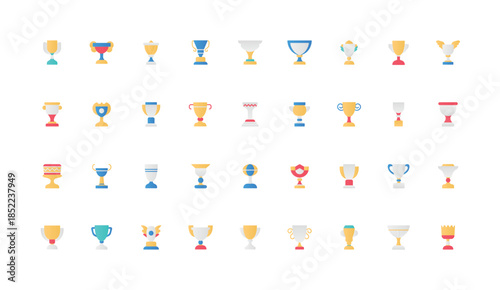 Gold cup award, trophy of winner in game and contest, champion of championship color icon set. Different shapes of golden goblets for success achievement flat badge elements vector illustration