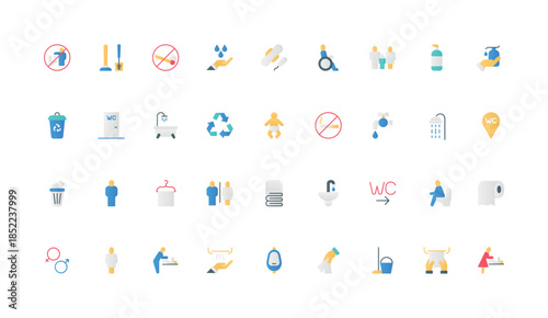 Toilet and bathroom, public WC information signs and sanitary equipment, gender signage on door color icon set. Hygiene in restroom, paper towel, navigation arrow flat elements vector illustration