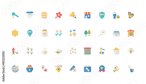 Honey product and honeycomb, apiary, agriculture color icon set. Natural nectar and pollen, beeswax and sweet flower honey certificate, bee and beekeeper, propolis flat elements vector illustration