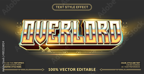 Editable text effect vector “Overlord” showcases shiny gold bold 3D lettering with a strong look, elegant, and premium style for titles and branding.