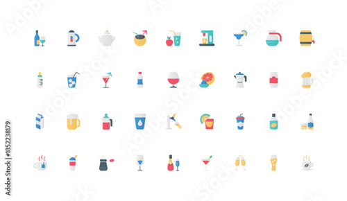 Hot and cold drinks of bar and cafe menu, tea with steam and coffee break color icon set. Beverages in bottle and takeaway cup, soda water can and juice, alcohol flat elements vector illustration