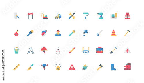 Construction worker and engineer tools, equipment for health safety color icon set. Man in hard hat, building project, toolbox of professional contractor and builder flat elements vector illustration