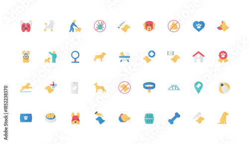 Pet shop supplies and accessories for dog care, food and toys, carrier and house color icon set. Paw and love to animal objects, grooming, leash collar and vet award flat elements vector illustration