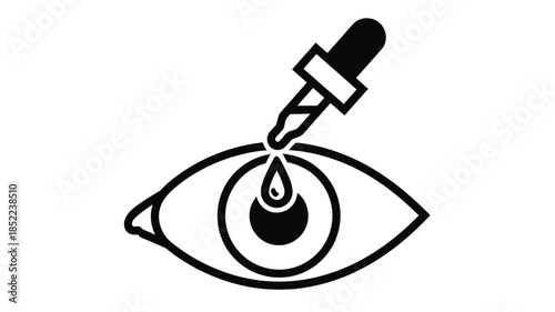 A black and white illustration of an eye with a drop falling from a pipette