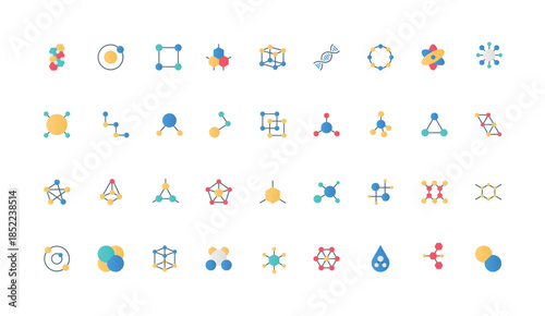 Molecular structure, model of atom and chemical formula in physics and chemistry color icon set. DNA and protein molecule, particles network and compound of ions flat elements vector illustration