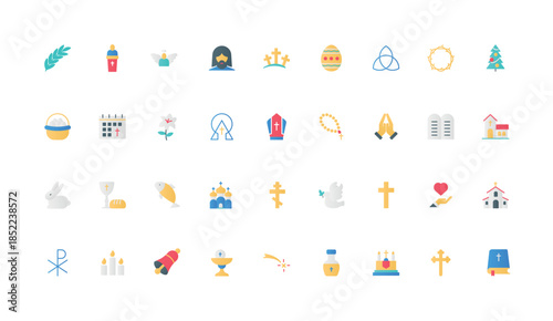 Christian religion and community, holy Bible book study and cross, church chapel and cathedral color icon set. Faith and god, missionary, religious prayer and calendar flat element vector illustration