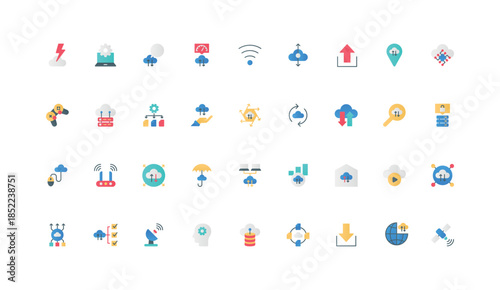 Cloud services, hardware and network model color icon set. SaaS, domain and hosting, virtual platform to compute and control data allocation, sharing and upload flat elements vector illustration