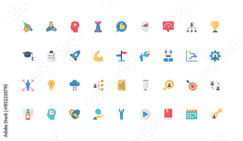 Mentoring, professional skills development and training, transfer knowledge for corporate career growth color icon set. Mentor advice and approach, handshake flat elements vector illustration