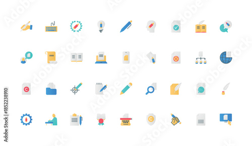 Creative content creation, storytelling, tools of author to write text of article and blog post, publication in social media color icon set. Pen and pencil, document flat elements vector illustration