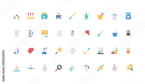 Chef tools and utensils, electrical appliances for cooking in kitchen color icon set. Recipe book and apron, frying pan and ladle to cook, kitchenware and rolling pin flat elements vector illustration