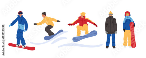 Groups of snowboarders showcase their skills on the snow at a ski resort in winter while wearing colorful gear