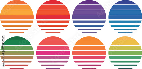 Abstract colorful circles with horizontal stripes, vibrant graphic design elements