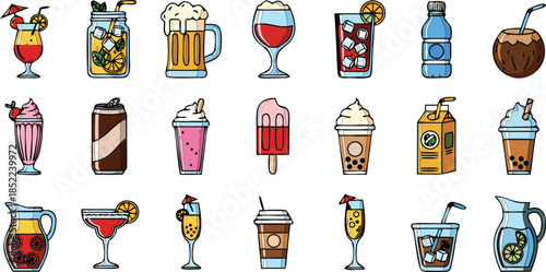 Variety of colorful drinks and cocktails illustrations