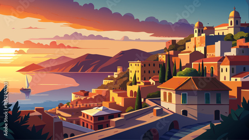 Very beautiful sunset view of a Sicilian coastal town overlooking the Mediterranean Sea, featuring warm evening light, historic buildings, rugged shoreline, and relaxed southern Italian atmosphere.