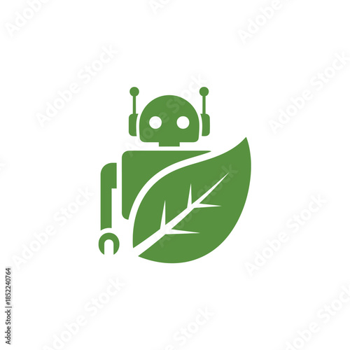 Green robot with leaf silhouette for environmental sustainability and technology