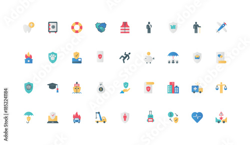 Insurance and risk coverage in travel, disaster and accident color icon set. medical assurance and emergency help, safety for family health and money, property flat elements vector illustration