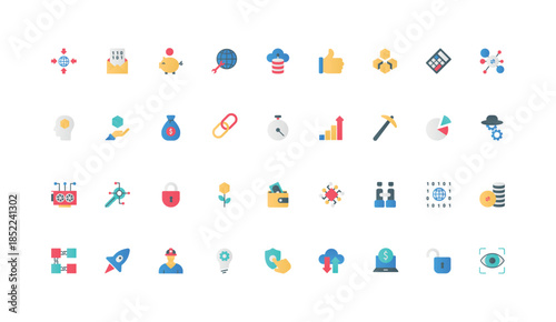 Decentralized digital technology, blockchain and cryptocurrency, data mining color icon set. Network, node and cube models, finance transaction and cryptography flat elements vector illustration