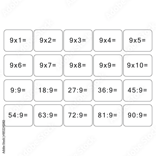 Multiplication and division table of 9. Maths card with an example, drawing. Multiplication Square, vector illustration. Printed products, banner, table for children, schoolchildren. School education.