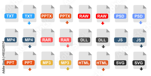 Color-coded file icons for global download formats including text, media, code, and design files for digital organization and education