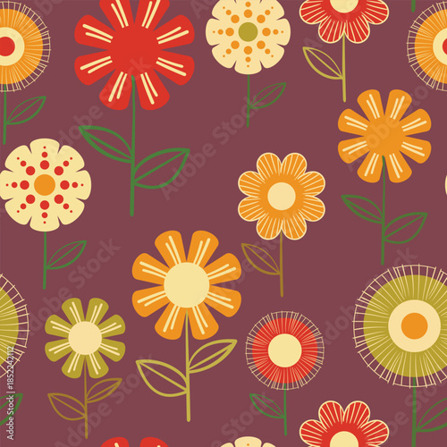 Seamless floral pattern based on traditional folk art ornaments. Colorful flowers on color background. Scandinavian style. Sweden nordic style. Vector illustration. Simple minimalistic pattern.