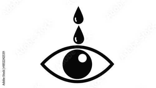 A minimalist black and white illustration depicts a stylised human eye with falling teardrops