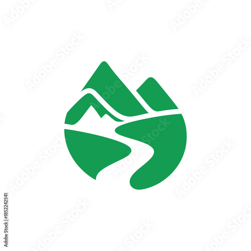 Green mountain river water drop shape logo on transparent background