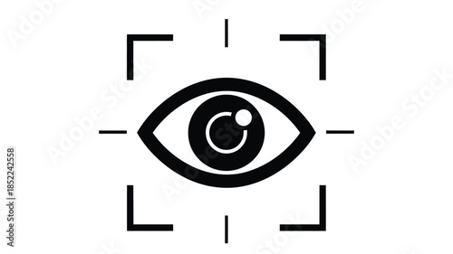 A black and white image featuring an eye within a camera focus square graphic