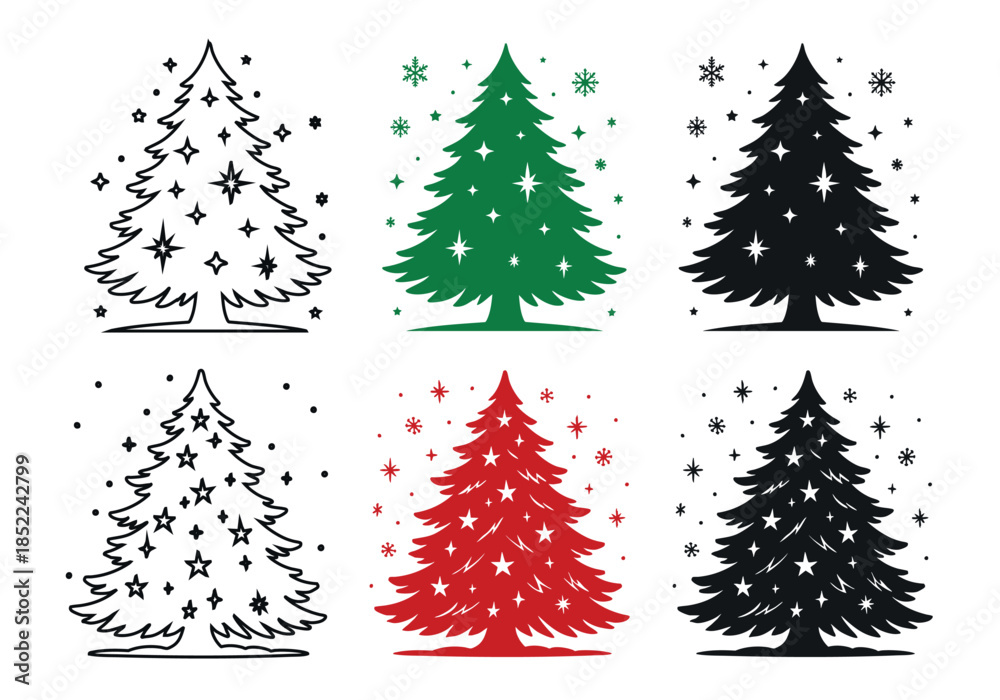 Obraz premium Set of stylized christmas trees with snowflakes and stars, illustration. concept of holiday, winter, festive decor, seasonal celebration, christmas art, design element