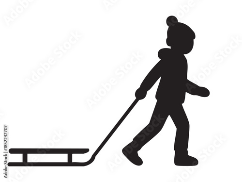 Black silhouette of child pulling sled, winter activity icon on white background. concept of outdoor fun, winter sport, childhood memories, seasonal pastime, design element