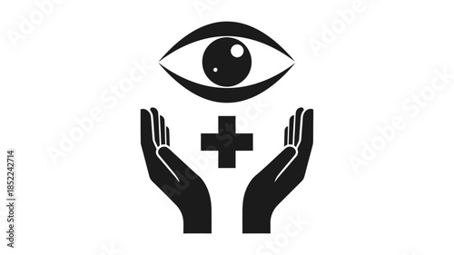 Protecting the eye hands cradling an eye symbol with a medical cross below