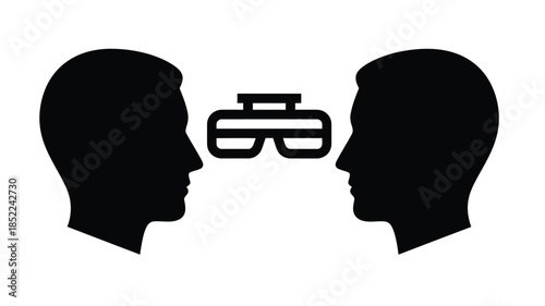 Two silhouetted human profiles facing each other with a vr headset between them