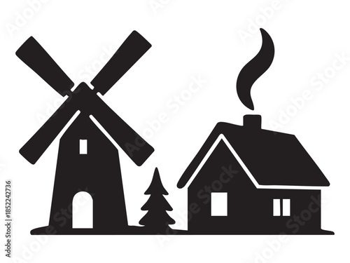 Black silhouette of windmill with house and tree, isolated on white background. concept of rural landscape, farm, countryside scene, village life, icon, graphic design element