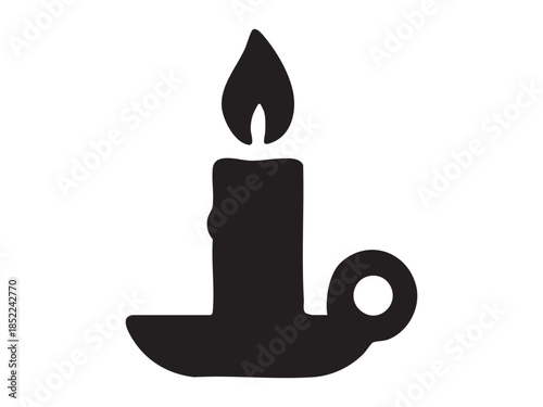 Black silhouette of candle in holder with flame, isolated on white background. concept of illumination, home decor, serenity, candlelight, relaxation, meditation, icon