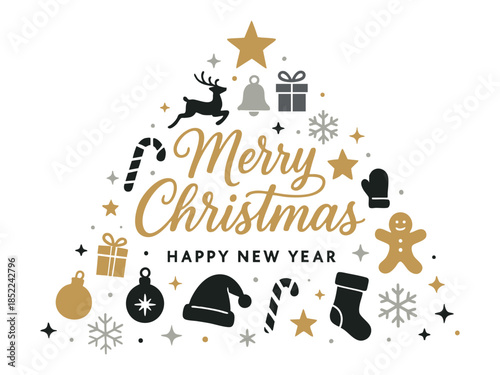 Festive christmas tree design with merry christmas and happy new year text, snowflakes, stars, gifts, and candy canes. concept of holiday season, winter decor, festive celebration.