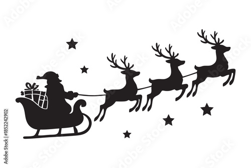 Black silhouette of santa claus with reindeer and sleigh, isolated on white background. concept of christmas, holiday decor, festive icon, winter celebration, graphic design element