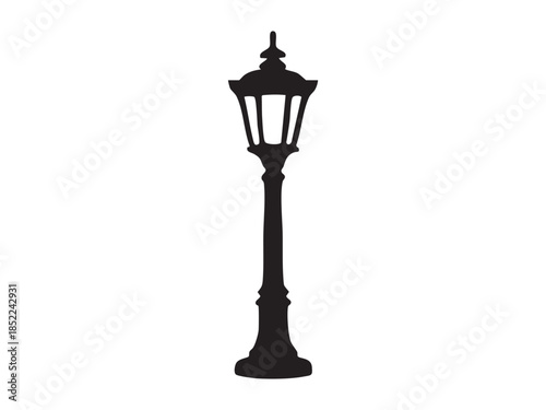 Silhouette of vintage street lamp isolated on white background, illustration. concept of urban lighting, classic design, outdoor decor, icon, graphic element