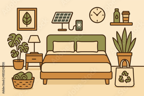 Cozy eco-friendly bedroom with solar panel, recycled decor, and plants