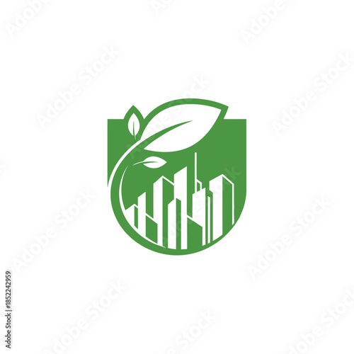Abstract green leaf and building city logo design concept for eco urban