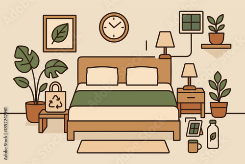 Eco-friendly bedroom design with plants and recycled elements