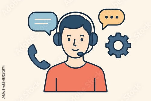 Male customer support agent with headset and communication icons