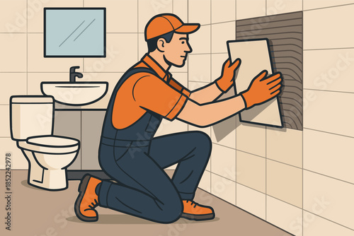 Male technician installing bathroom tiles with precision and care